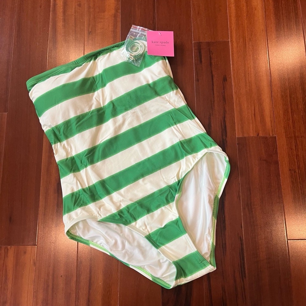 Kate Spade Swimsuit One-Piece Pesto Green White Stripe Straps Size Large